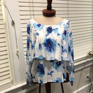 Marc New York Floral Long Sleeve Blouse Top Size S White and Blue